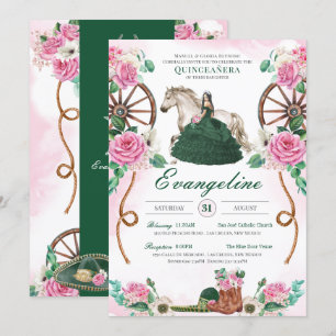 Emerald Green & Pink Floral Charro Quinceanera Kaart