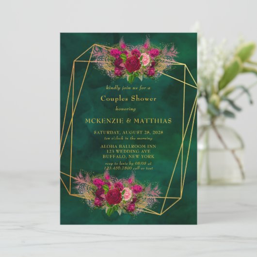Emerald Green Pink Peony Rozen Couples Shower Kaart (Staand voorkant)