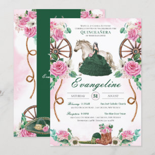 Emerald Green Pink Rose Charro Western Quinceanera Kaart