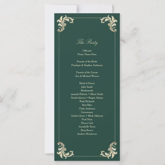 Emerald Green Programme de mariage baroque (Dos)