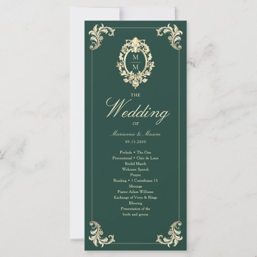 Emerald Green Programme de mariage baroque (Devant)