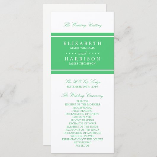 Emerald Green Programme de mariage moderne (Devant / Derrière)