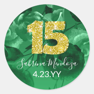Emerald Green Quinceanera Gold #15 Ronde Sticker