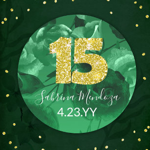 Emerald Green Quinceanera Gold #15 Ronde Sticker