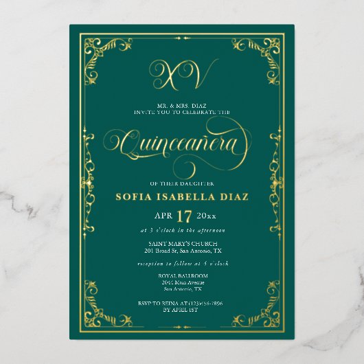 Emerald Green Quinceañera Gold Foil Folie Uitnodiging (Voorkant)