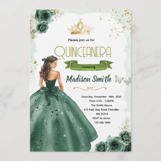 Emerald green quinceañera invitation (Devant)