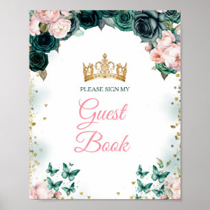 Emerald Green Quinceañera Roze Bloemen Gastenboek Poster