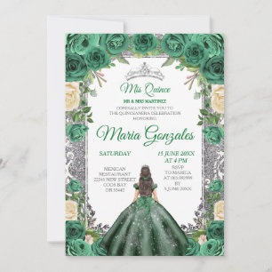 Emerald Green Quinceanera Silver Crown Glitter Kaart