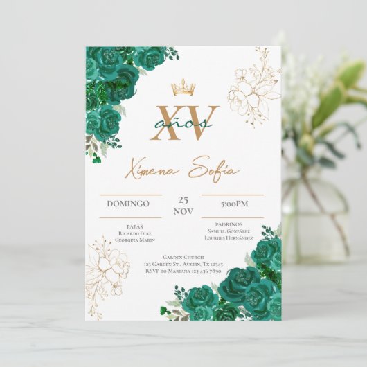 Emerald Green Quinceanera Uitnodiging (Staand voorkant)