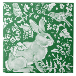 Emerald Green Rabbit Bird Woodland Floral Art Tegeltje