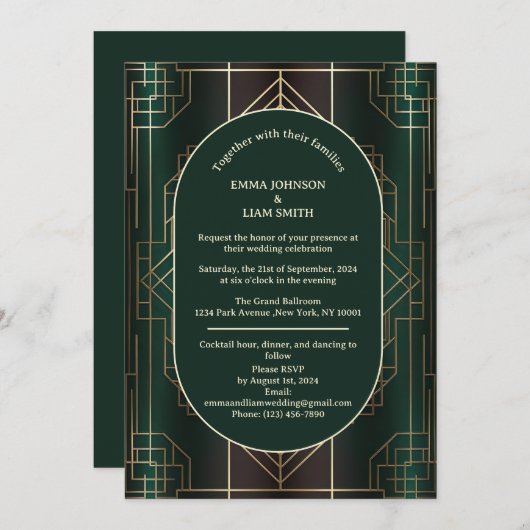 Emerald Green Roaring 20s Faire-part de mariage (Devant / Derrière)