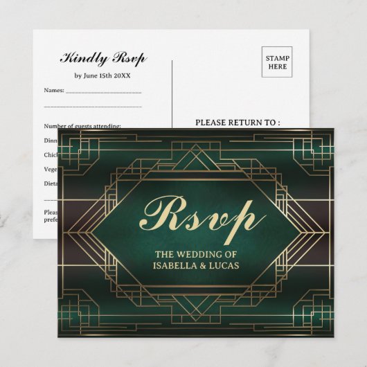 Emerald Green Roaring 20s Wedding RSVP Briefkaart (Voorkant / Achterkant)