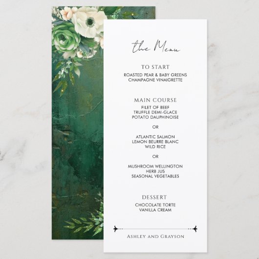 Emerald Green Romantic Floral Wedding Menu (Voorkant / Achterkant)