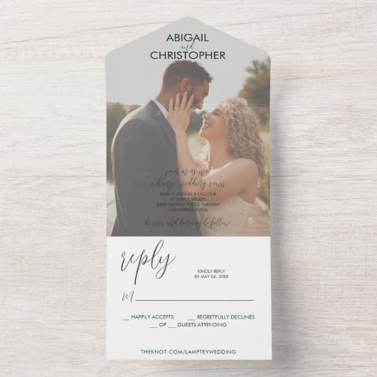 Emerald Green Romantic Photo Wedding All In One Uitnodiging (Binnen)