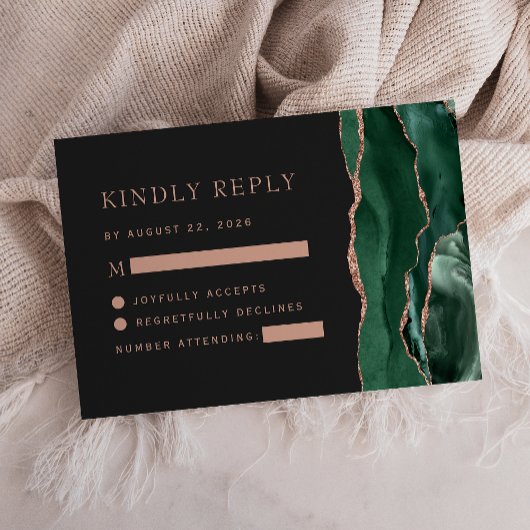 Emerald Green Roos Gold Agate Dark Wedding RSVP Kaartje