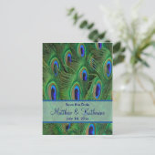 Emerald Green Royal Blue Peacock Feathers Bruiloft Aankondigingskaart (Staand voorkant)
