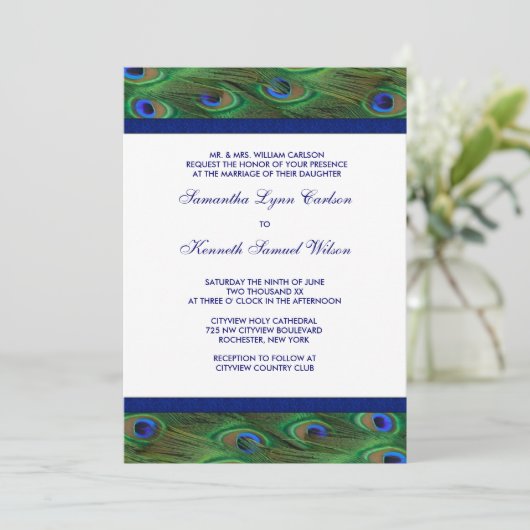 Emerald Green Royal Blue Peacock Feathers Bruiloft Kaart (Staand voorkant)