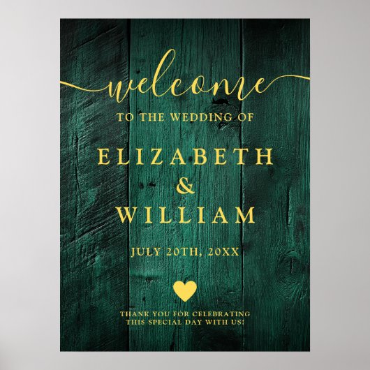 Emerald Green Rustic Wood Mariage Affiche de bienv (Devant)