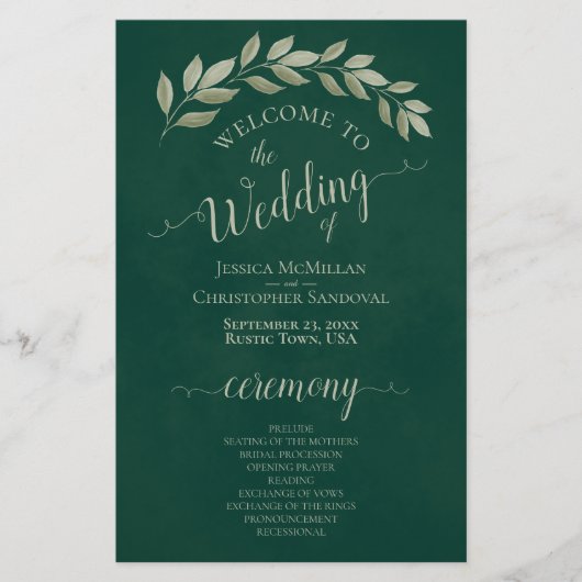 Emerald Green & Sage Feuilles Programme de mariage (Devant)
