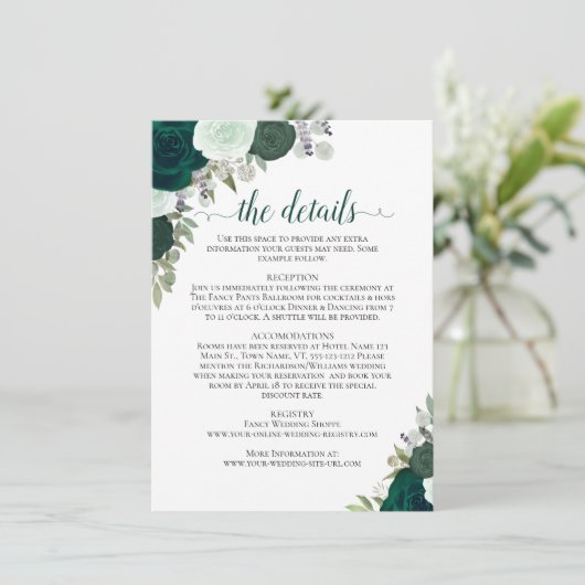 Emerald Green & Sage Rozen Rustieke bruiloft Detai Informatiekaartje (Staand voorkant)
