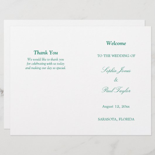 Emerald Green Script Bi-Fold Wedding Programme (Devant / Derrière)