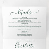 Emerald Green Script Minimalistische Trouwfoto Drieluik Uitnodiging (Binnenzijde eerst)