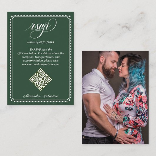 Emerald Green Script Online RSVP QR Code Wedding Informatiekaartje (Voorkant / Achterkant)