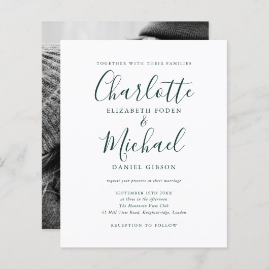 Emerald Green Script Photo Budget Wedding Invite (Voorkant / Achterkant)