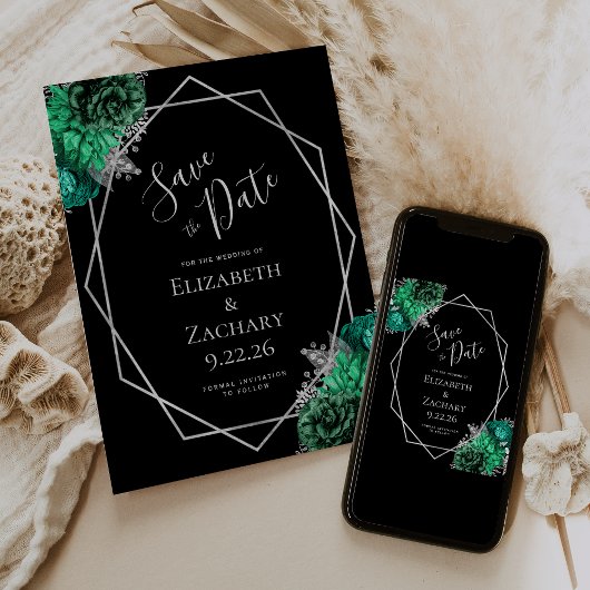 Emerald Green Silver Floral Black Save the Date