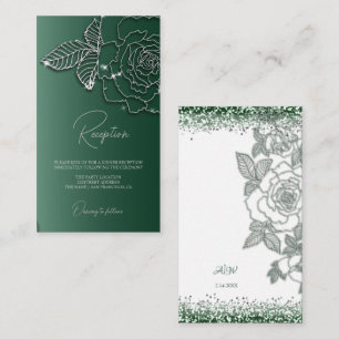 Emerald green Silver floral Elegant Wedding Informatiekaartje