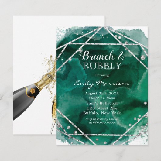 Emerald Green Silver Geometric Brunch & Bubble Kaart (Voorkant / Achterkant)