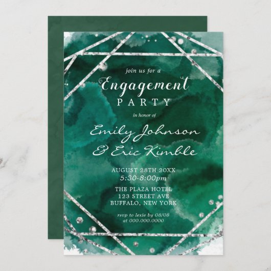 Emerald Green Silver Geometric Engagement Party Kaart (Voorkant / Achterkant)