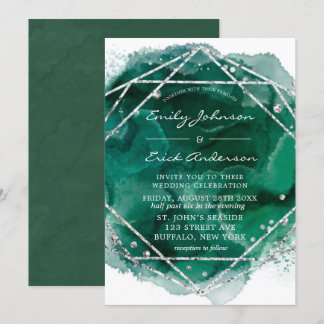 Emerald Green Silver Geometric Glitter Wedding Kaart