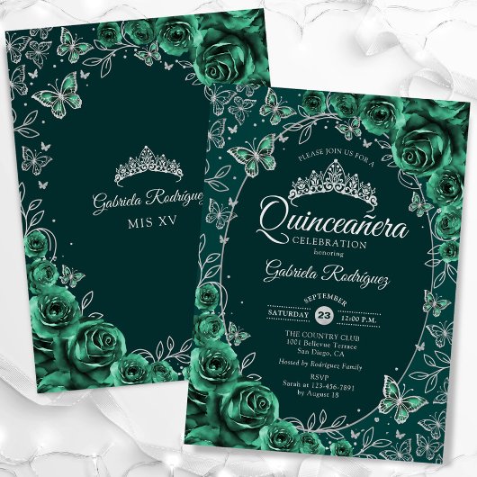Emerald Green Silver Quinceanera Kaart