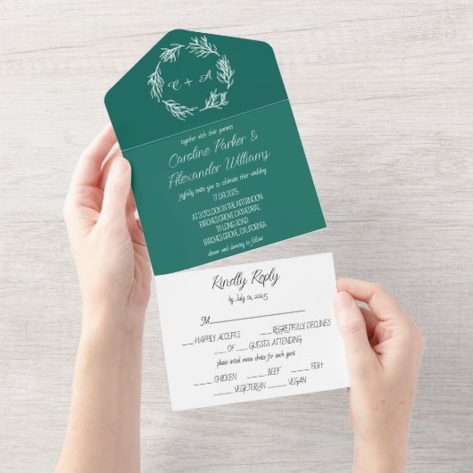 Emerald Green Simple Modern Monogrammed Wedding All In One Uitnodiging (Afscheurbaar)