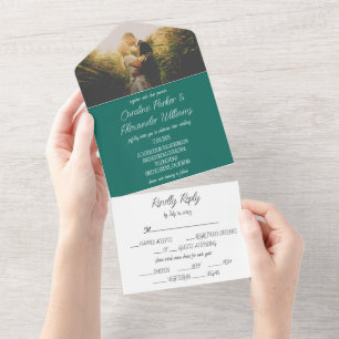 Emerald Green Simple Modern Photo Wedding All In One Uitnodiging