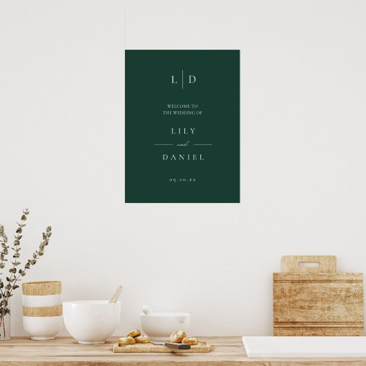 Emerald Green Simple Monogram Mariage Affiche de b (Cuisine)