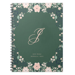 Emerald Green Soft Monogram Floral Personal Custom Notitieboek