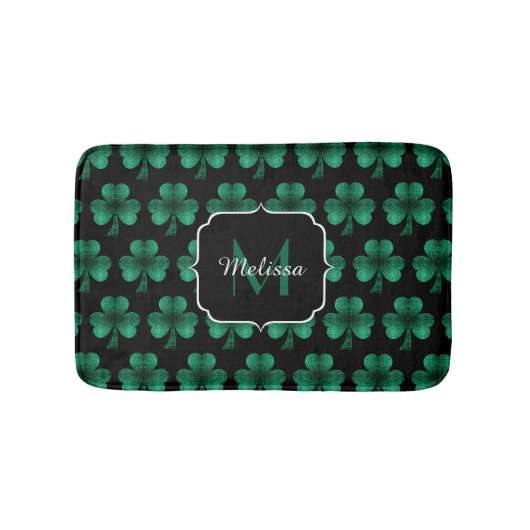 Emerald Green Sparkle Shamrock Black Monogram Badmat (Voorkant)