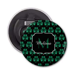 Emerald Green Sparkle Shamrock Black Monogram Button Flesopener