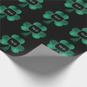 Emerald Green Sparkle Shamrock Black Monogram Cadeaupapier