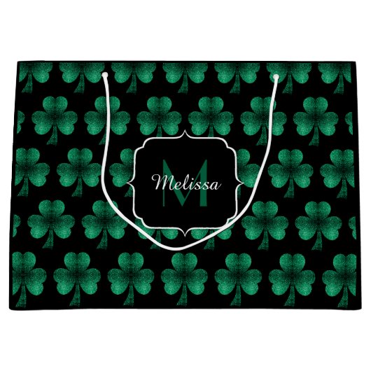 Emerald Green Sparkle Shamrock Black Monogram Groot Cadeauzakje (Voorkant)