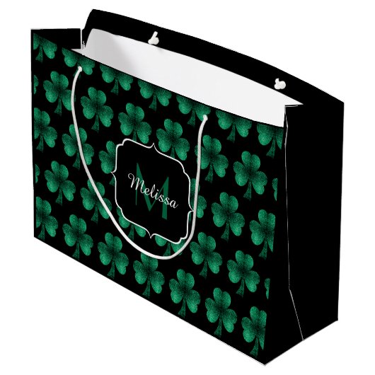 Emerald Green Sparkle Shamrock Black Monogram Groot Cadeauzakje (Achterkant Gekanteld)