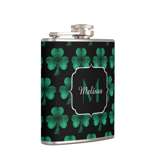 Emerald Green Sparkle Shamrock Black Monogram Heupfles (Rechts)