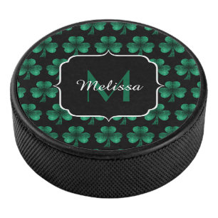 Emerald Green Sparkle Shamrock Black Monogram Hockey Puck