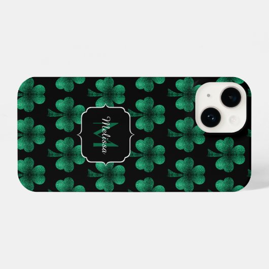 Emerald Green Sparkle Shamrock Black Monogram iPhone Hoesje (Achterkant horizontaal)