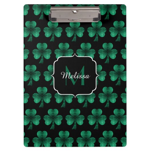 Emerald Green Sparkle Shamrock Black Monogram Klembord (Voorkant)