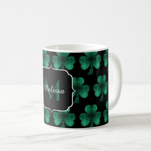 Emerald Green Sparkle Shamrock Black Monogram Koffiemok (Voorkant rechts)