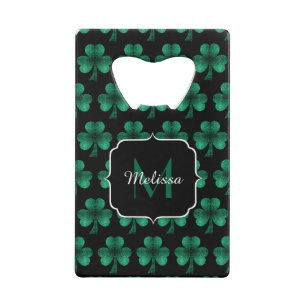 Emerald Green Sparkle Shamrock Black Monogram Kredietkaart Flessenopener
