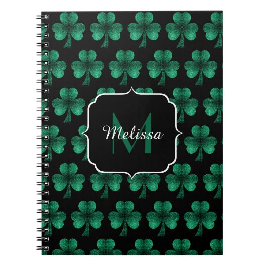 Emerald Green Sparkle Shamrock Black Monogram Notitieboek (Voorkant)